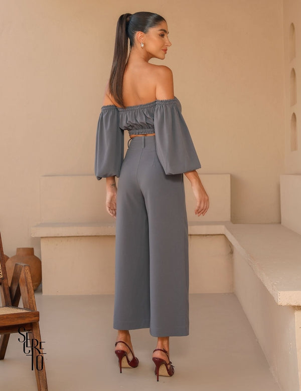 Conjunto Cropped e Pantacourt Mia Cinza