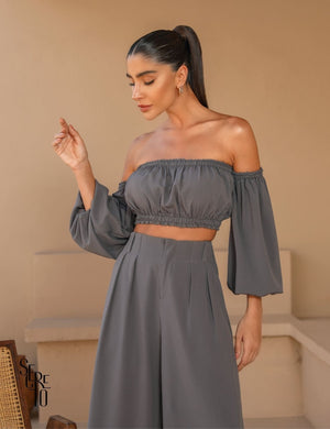 Conjunto Cropped e Pantacourt Mia Cinza