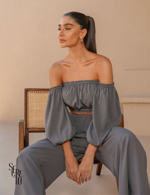 Conjunto Cropped e Pantacourt Mia Cinza