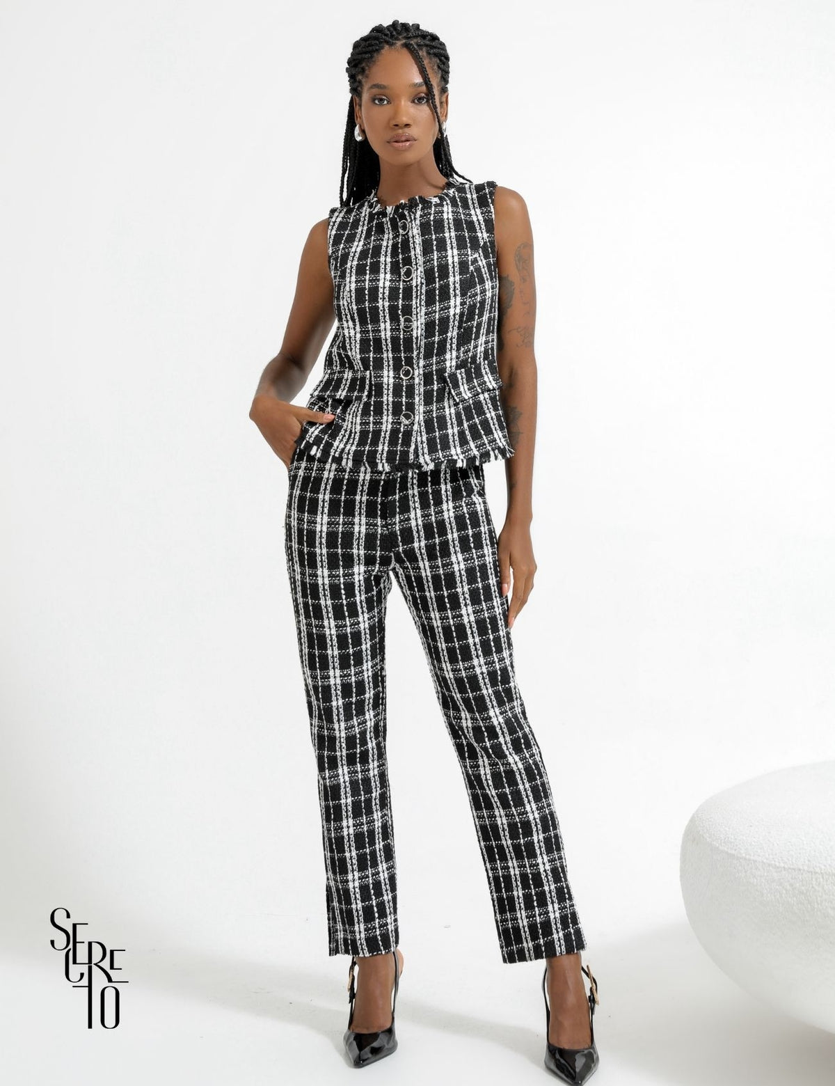 Conjunto Colete e Calça Tweed Liz Preto