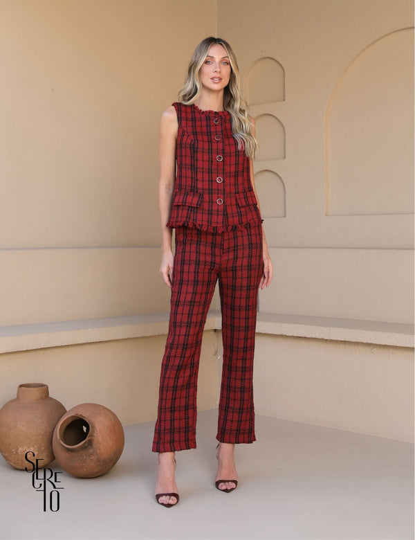 Conjunto Colete e Calça Tweed Liz Marsala