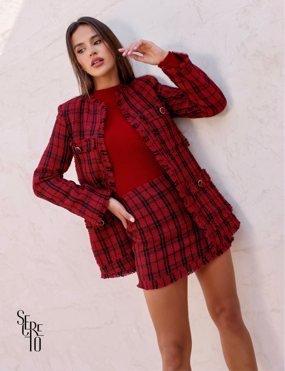 Conjunto Blazer e Short-Saia Tweed Bly Marsala