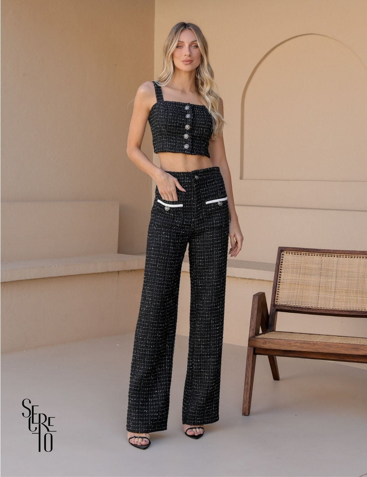 Conjunto Blusa e Calça Tweed Bia Preto