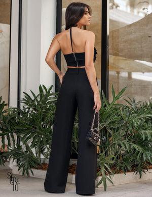 Conjunto Cropped Flor e Calça Ciy Preto