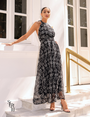 Vestido longo bordado preto Fernanda