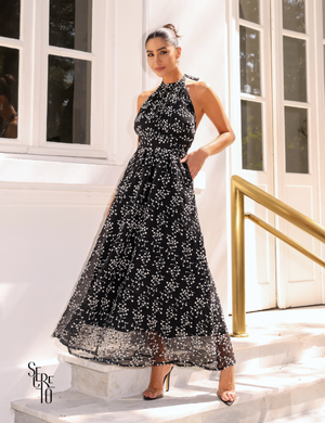 Vestido longo bordado preto Fernanda