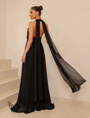 Secreto Vestido Longo Calda nas Costas Preto Punny
