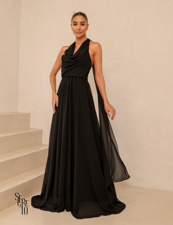 Secreto Vestido Longo Calda nas Costas Preto Punny
