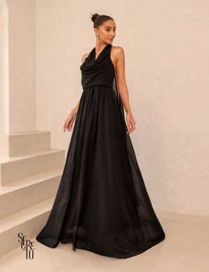 Secreto Vestido Longo Calda nas Costas Preto Punny