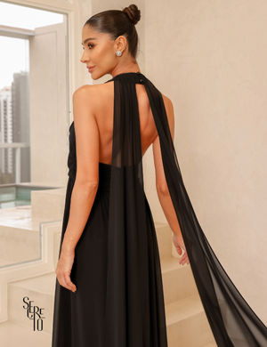 Secreto Vestido Longo Calda nas Costas Preto Punny