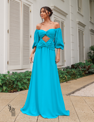 Secreto Vestido Longo Manga 7/8 Leah Azul