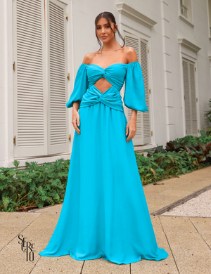Secreto Vestido Longo Manga 7/8 Leah Azul