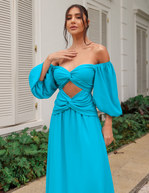 Secreto Vestido Longo Manga 7/8 Leah Azul