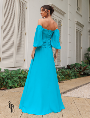 Secreto Vestido Longo Manga 7/8 Leah Azul