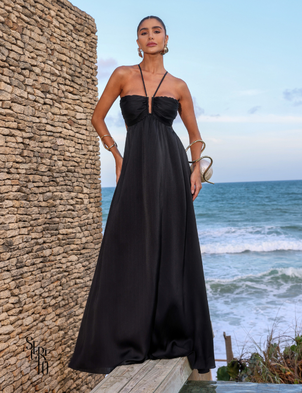 Secreto Vestido Longo Plissado Jacqueline Preto