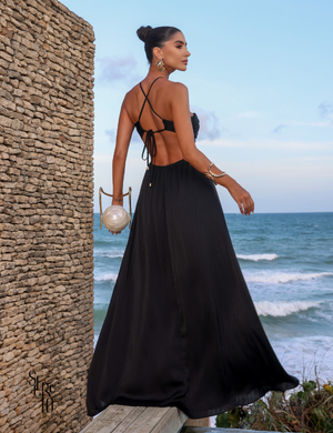 Secreto Vestido Longo Plissado Jacqueline Preto