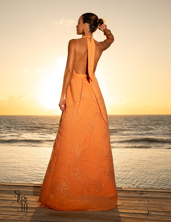 Secreto Vestido Longo Bordado Neya Laranja