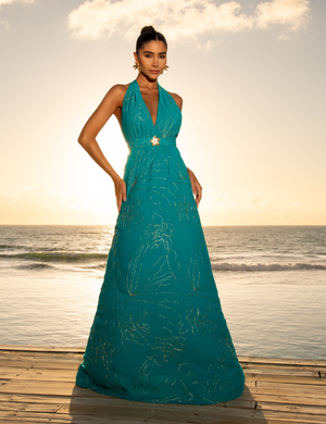 Secreto Vestido Longo Bordado Neya Esmeralda