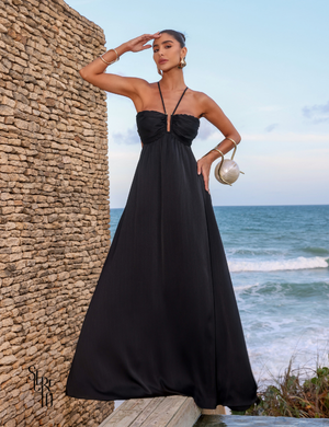 Secreto Vestido Longo Plissado Jacqueline Preto