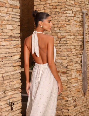 Secreto Vestido Longo Bordado Frente Única Jenifer Off White