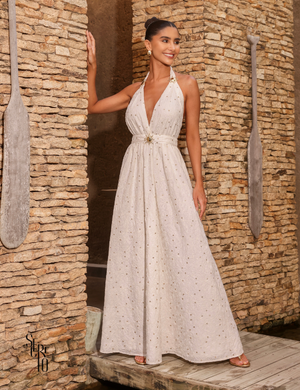 Secreto Vestido Longo Bordado Frente Única Jenifer Off White