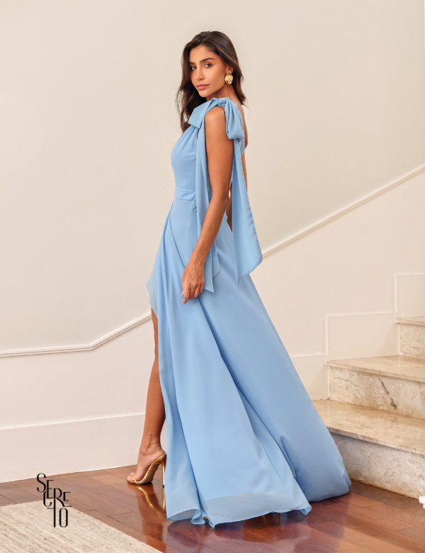 Vestido longo fenda Azul Claro Cícera