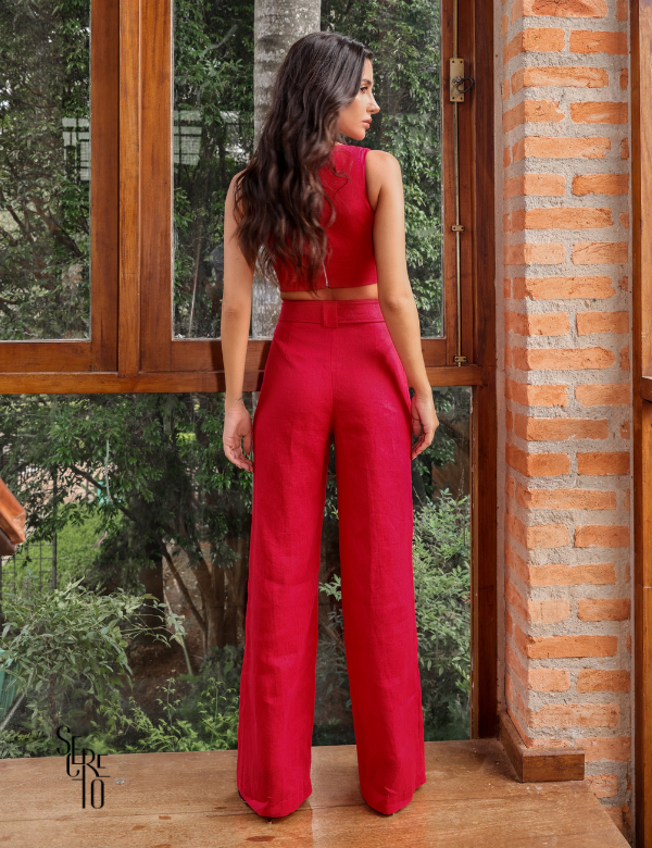 Conjunto Cropped e Calça Linho Denise Vermelho