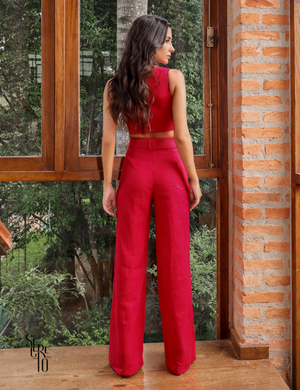 Conjunto Cropped e Calça Linho Denise Vermelho