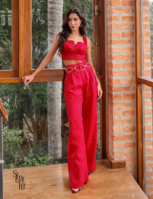 Conjunto Cropped e Calça Linho Denise Vermelho