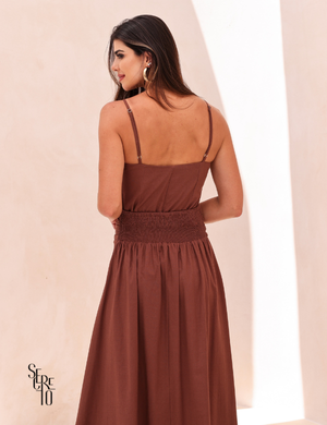 Conjunto Regata e Saia Pregas Minji Marrom