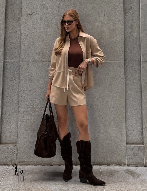 Conjunto Camisa e Short Piquê Elizabeth Bege