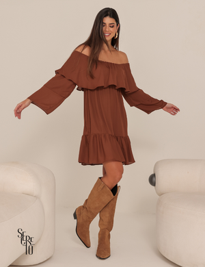 Vestido Curto Ombro a Ombro Livia Verde Marrom