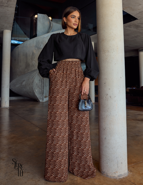 Calça Pantalona Animal Print Monica Marrom