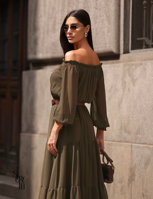 Vestido Longuete Ombro a Ombro Maitê Verde Militar