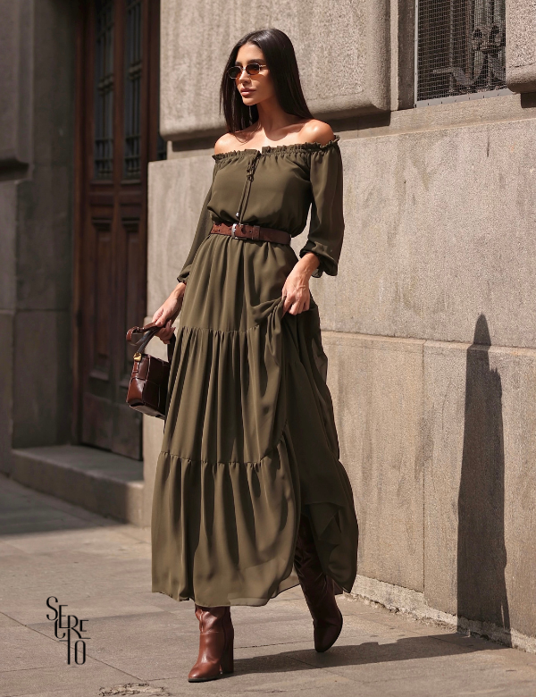 Vestido Longuete Ombro a Ombro Maitê Verde Militar