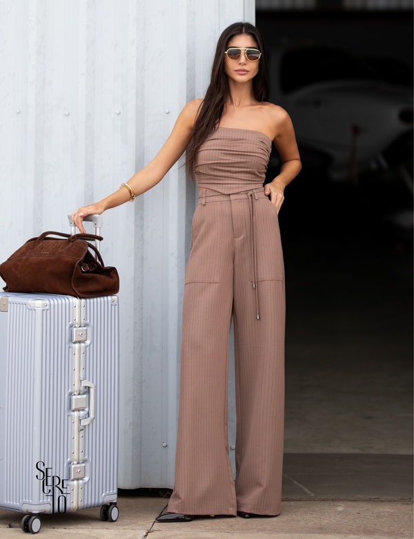 Conjunto Calça e Top Risca de Giz Capuccino