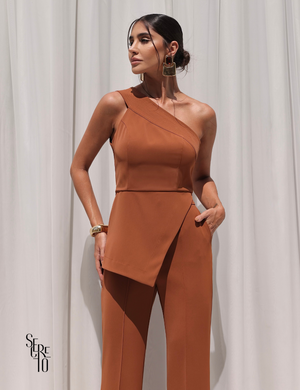 Conjunto Alfaitaria Blusa Pesponto Maya Caramelo