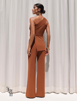 Conjunto Alfaitaria Blusa Pesponto Maya Caramelo