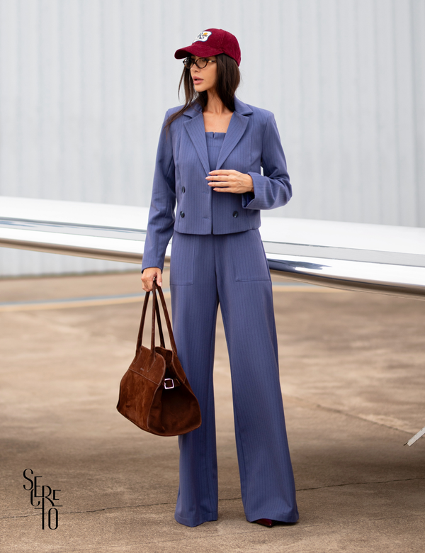 Blazer Curto Risca De Giz Vitoria Azul Jeans