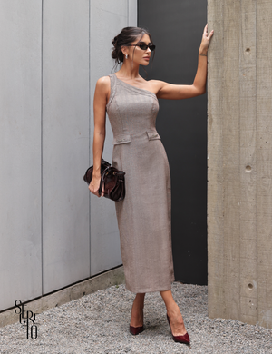 Vestido Midi Um Ombro Risca De Chuva Cibele Marrom