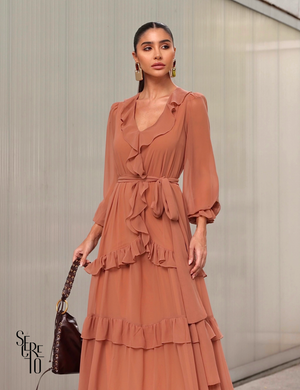 Secreto Vestido longo babado Com Faixa Cora Amêndoa