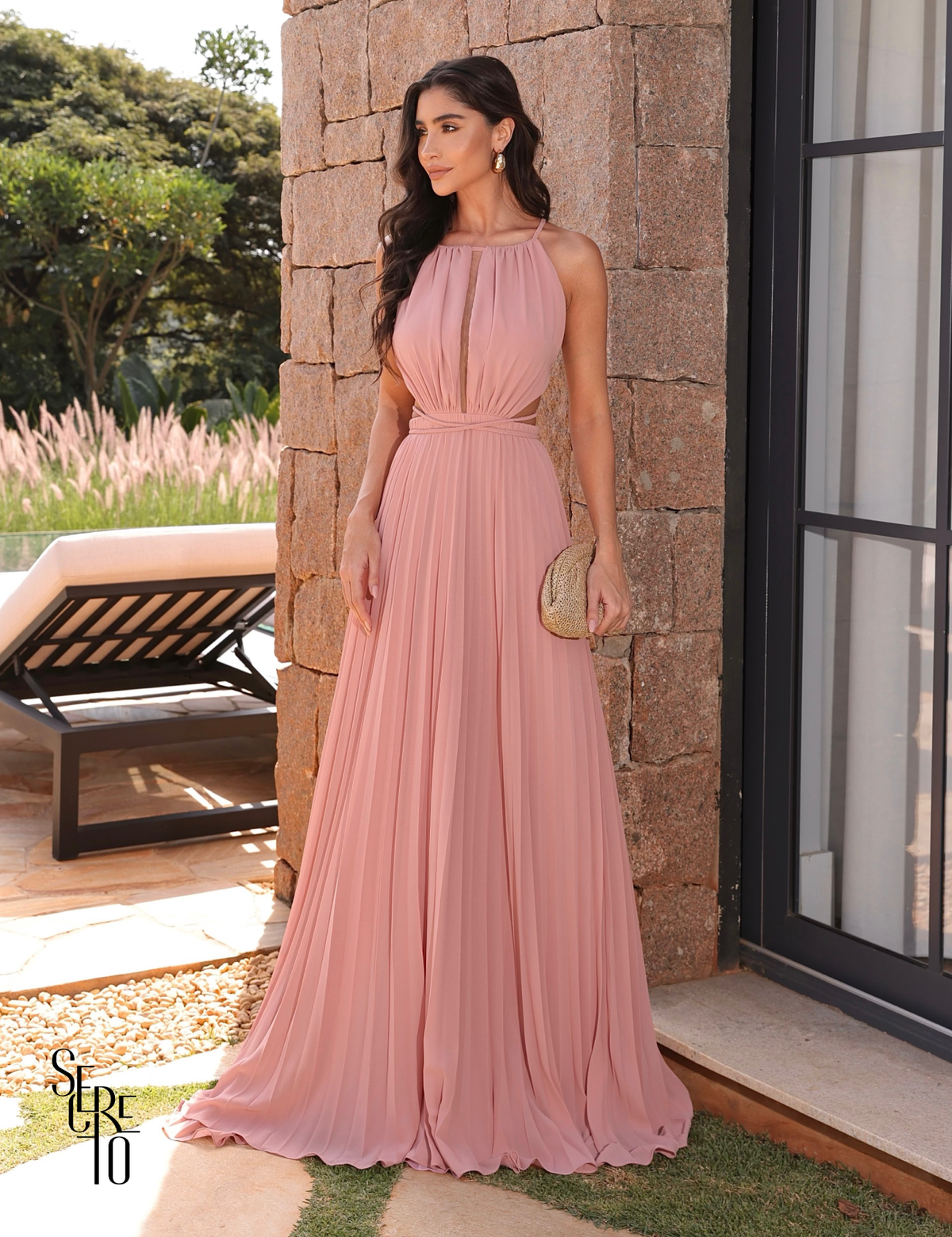 Vestido Longo Saia Plissada Com Trança Aurora Rose