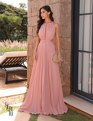 Vestido Longo Saia Plissada Com Trança Aurora Rose