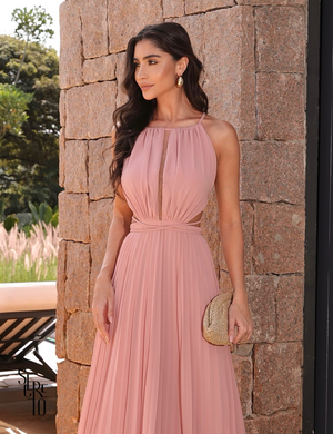 Vestido Longo Saia Plissada Com Trança Aurora Rose