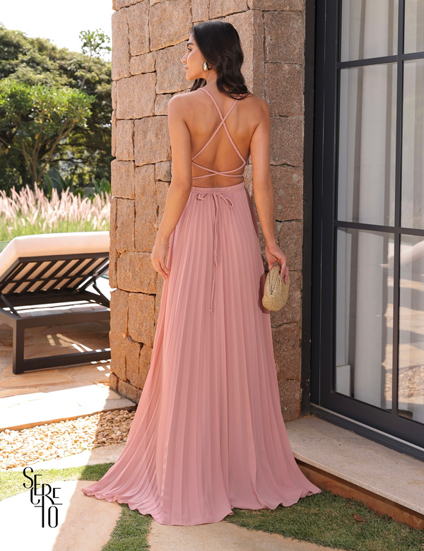 Vestido Longo Saia Plissada Com Trança Aurora Rose