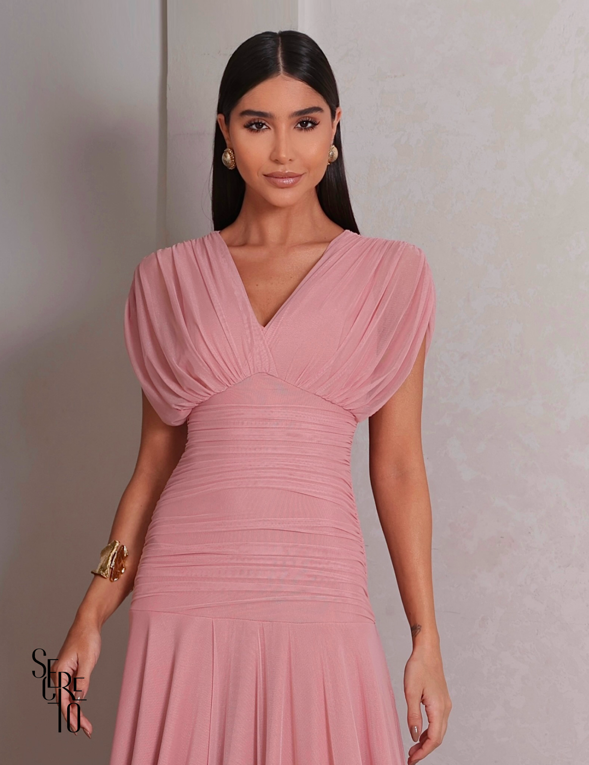 Vestido Tule Nos Ombros Drapeado Aveline Rosê