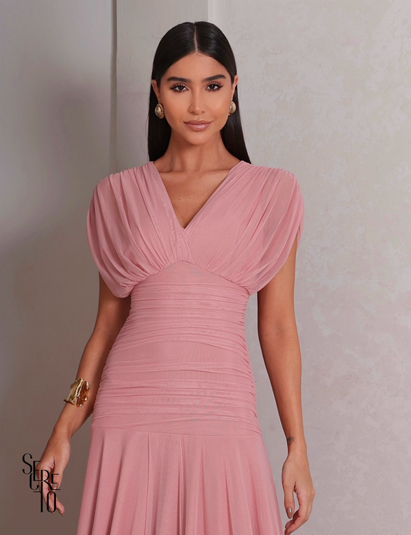 Vestido Tule Nos Ombros Drapeado Aveline Rosê