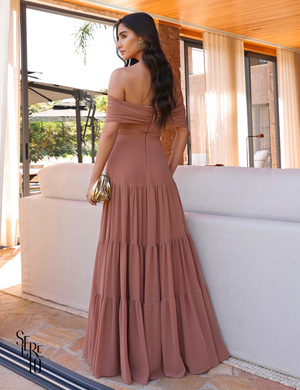 Vestido Longo Ombro a Ombro Malu Rosa Seco