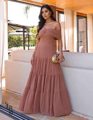 Vestido Longo Ombro a Ombro Malu Rosa Seco