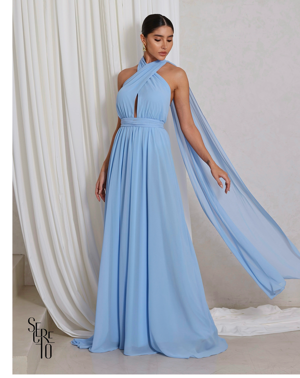Vestido Longo com Calda Aida Azul Serenity